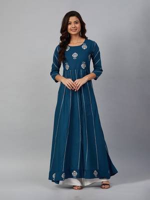Teal blue printed anarkali dress 5