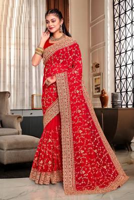 Red coding zarkan embroidery work georgette saree 1