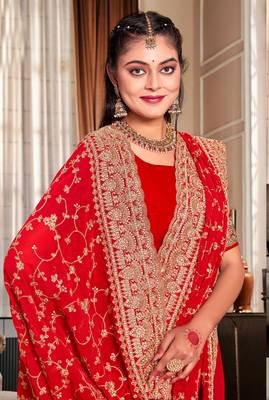 Red coding zarkan embroidery work georgette saree 2