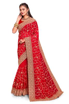 Red coding zarkan embroidery work georgette saree 4