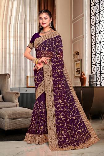 Purple coding zarkan embroidery work georgette saree