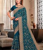 Teal blue coding zarkan embroidery work georgette saree