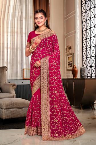 Cherry red coding zarkan embroidery work georgette saree