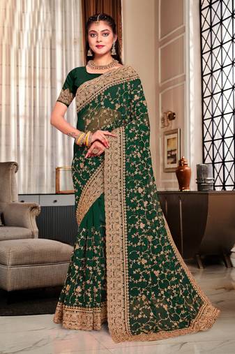 Bottle green coding zarkan embroidery work georgette saree