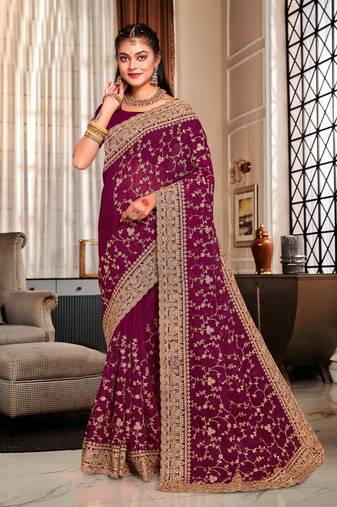 Wine coding zarkan embroidery work georgette saree