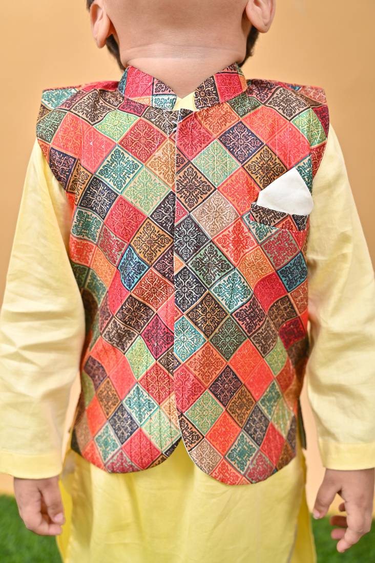 Yellow Kurta Multicolor Nehru Jacket off white chudidar