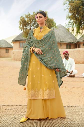 Yellow Embroidered Jacquard Semi Stitched Straight Suit Up To 42" Size