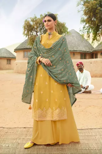 Yellow Embroidered Jacquard Semi Stitched Straight Suit Up To 42" Size