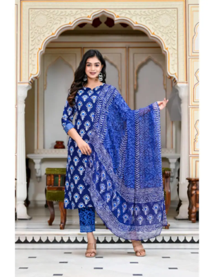Womens Rayon Jaipuri Printed Festive Wear Ethnic A-Line Blue Kurti With Pant & Dupatta Set 1