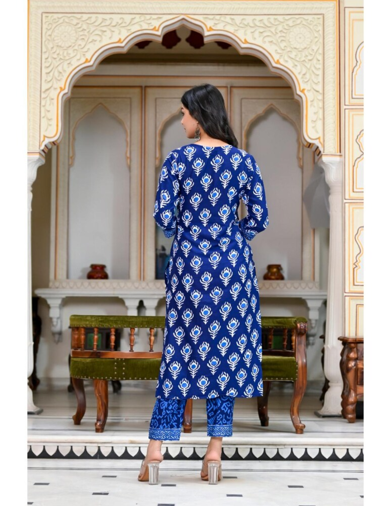 Womens Rayon Jaipuri Printed Festive Wear Ethnic A-Line Blue Kurti With Pant & Dupatta Set