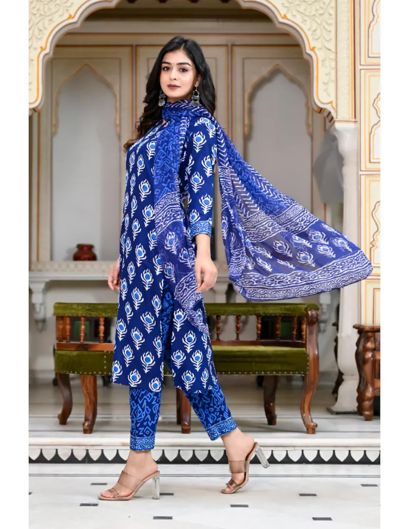 Womens Rayon Jaipuri Printed Festive Wear Ethnic A-Line Blue Kurti With Pant & Dupatta Set