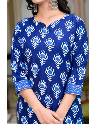Womens Rayon Jaipuri Printed Festive Wear Ethnic A-Line Blue Kurti With Pant & Dupatta Set 4