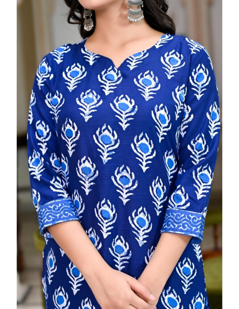 Womens Rayon Jaipuri Printed Festive Wear Ethnic A-Line Blue Kurti With Pant & Dupatta Set