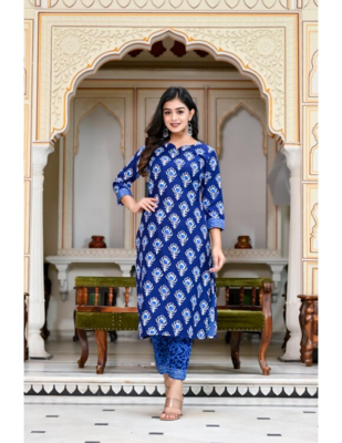 Womens Rayon Jaipuri Printed Festive Wear Ethnic A-Line Blue Kurti With Pant & Dupatta Set 5