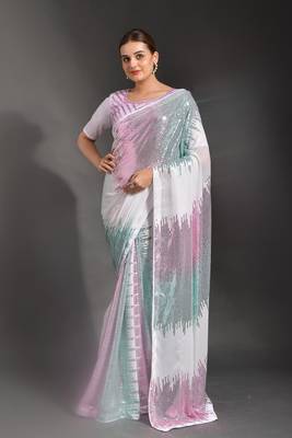 3 color white striped embroidery sequence work georgette saree for women 1