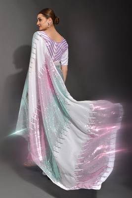 3 color white striped embroidery sequence work georgette saree for women 3
