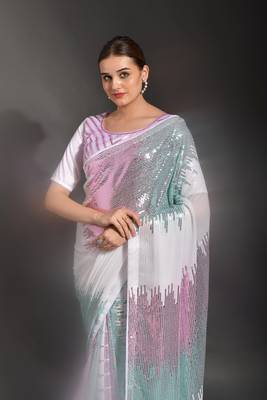 3 color white striped embroidery sequence work georgette saree for women 4