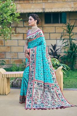 Sea green ethnic motif patola silk party wear saree with blouse 1
