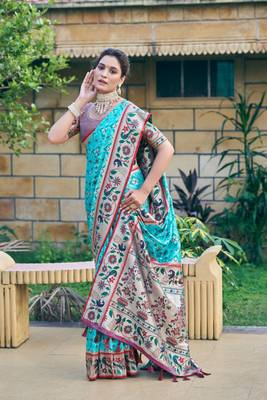 Sea green ethnic motif patola silk party wear saree with blouse 2