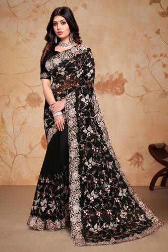 Desiner Black Heavy Zarkan Diamond Work Georgette Saree