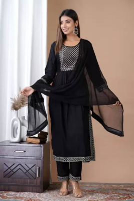 Rayon Solid Embroidered Self Design A-Line Ethnic Kurti With Pant & Dupatta Set 1
