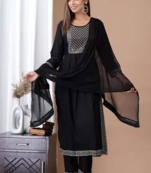 Rayon Solid Embroidered Self Design A-Line Ethnic Kurti With Pant & Dupatta Set