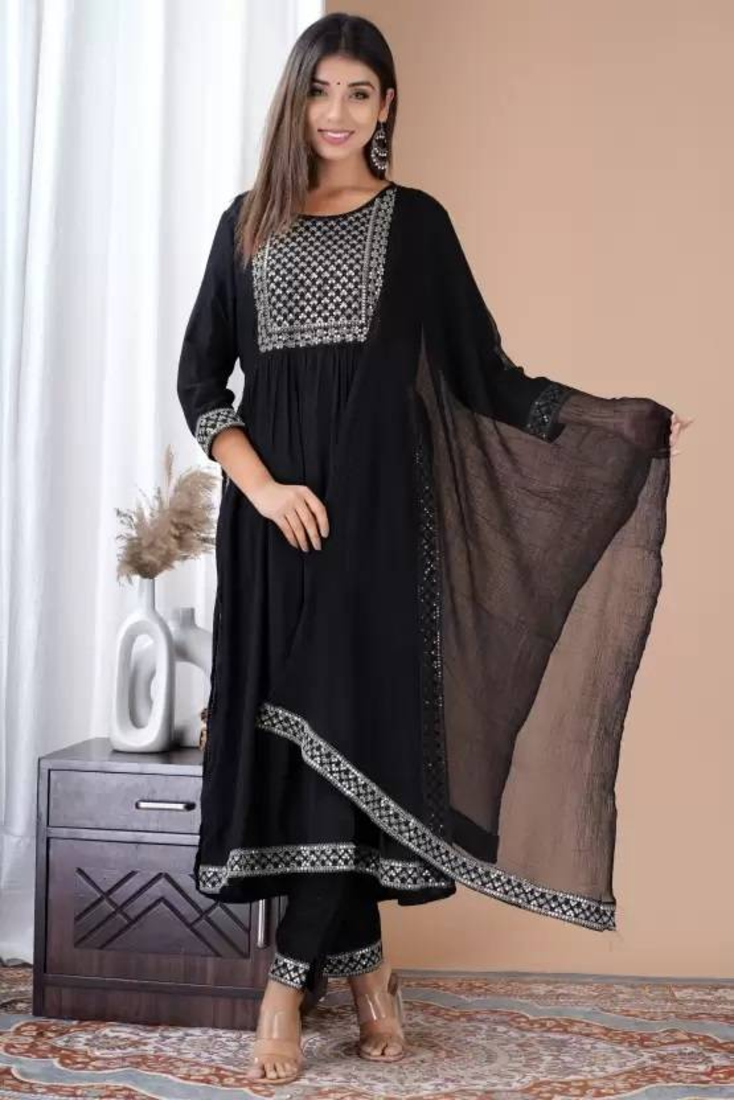 Rayon Solid Embroidered Self Design A-Line Ethnic Kurti With Pant & Dupatta Set