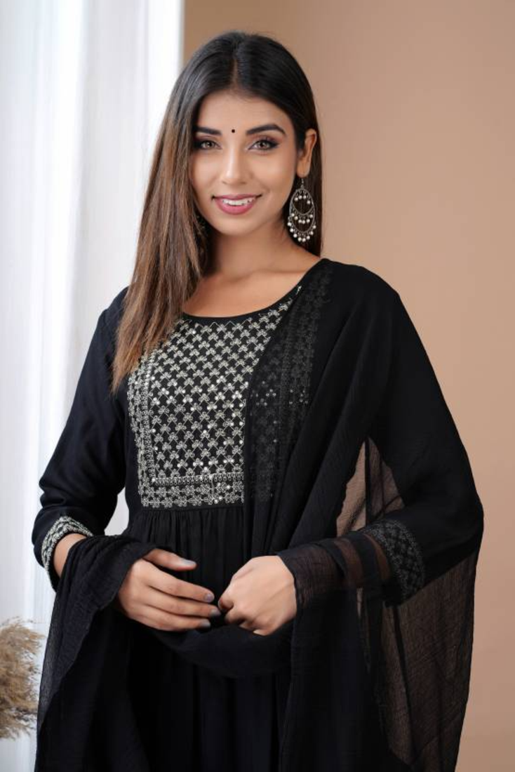 Rayon Solid Embroidered Self Design A-Line Ethnic Kurti With Pant & Dupatta Set