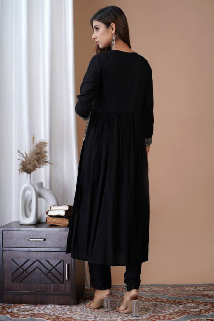 Rayon Solid Embroidered Self Design A-Line Ethnic Kurti With Pant & Dupatta Set