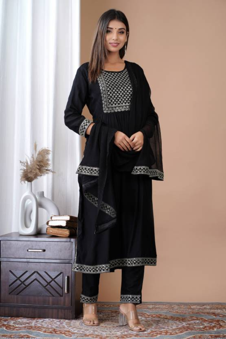 Rayon Solid Embroidered Self Design A-Line Ethnic Kurti With Pant & Dupatta Set
