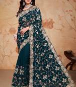Teal Blue Zarkan Diamond Work Georgette Saree
