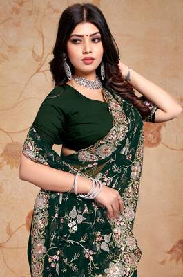Bottle Green Zarkan Diamond Work Georgette Saree 2