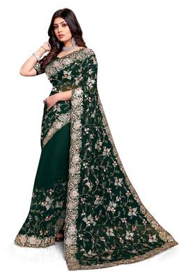 Bottle Green Zarkan Diamond Work Georgette Saree 4