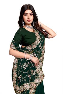 Bottle Green Zarkan Diamond Work Georgette Saree 5