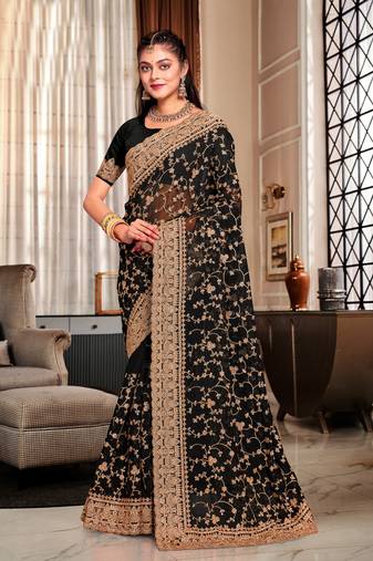 Black Coding Zarkan Embroidery Work Georgette Saree