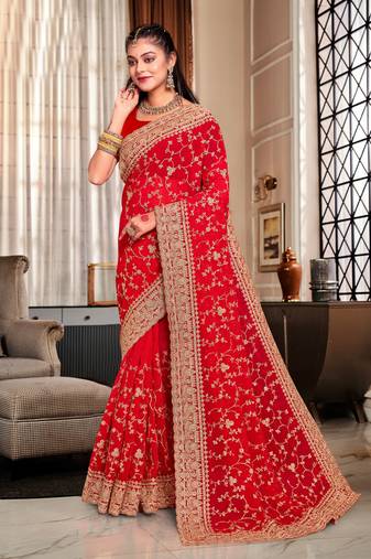 Red Coding Zarkan Embroidery Work Georgette Saree
