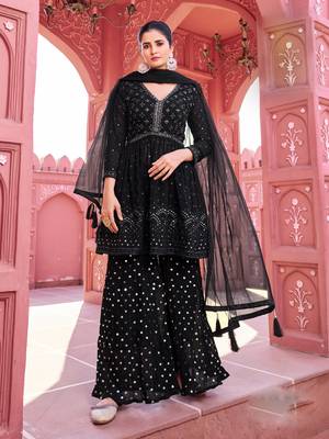Black georgette embroidered kurti with sharara with dupatta 1
