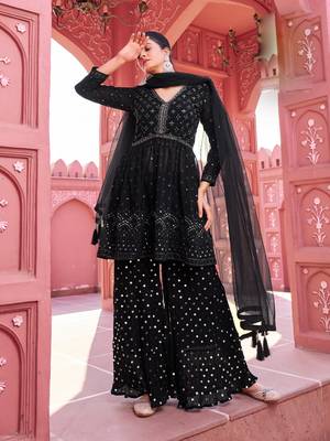 Black georgette embroidered kurti with sharara with dupatta 2