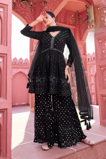 Black georgette embroidered kurti with sharara with dupatta