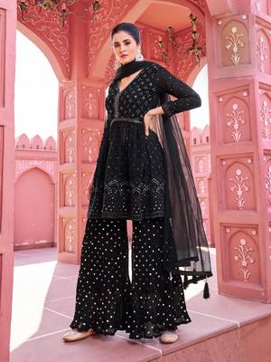 Black georgette embroidered kurti with sharara with dupatta 3