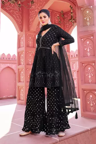 Black georgette embroidered kurti with sharara with dupatta