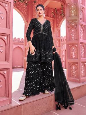 Black georgette embroidered kurti with sharara with dupatta 4