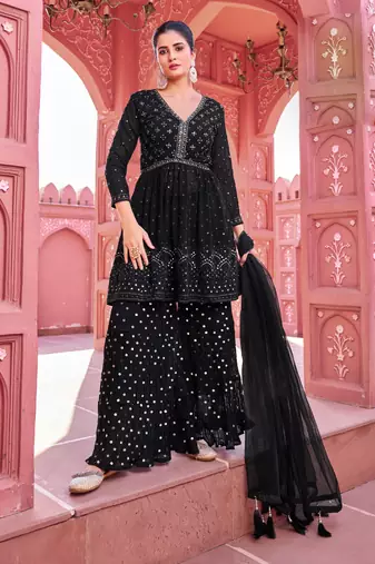 Black georgette embroidered kurti with sharara with dupatta