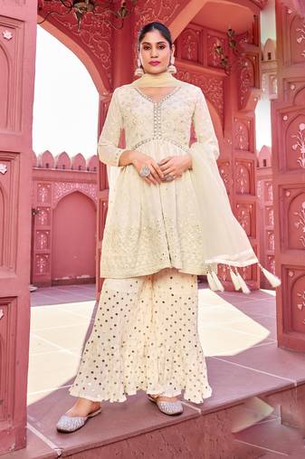 White georgette embroidered kurti with sharara with dupatta