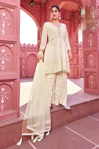White georgette embroidered kurti with sharara with dupatta