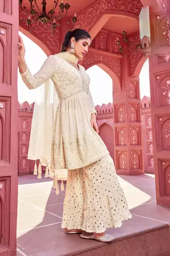 White georgette embroidered kurti with sharara with dupatta