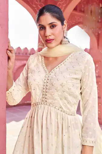 White georgette embroidered kurti with sharara with dupatta