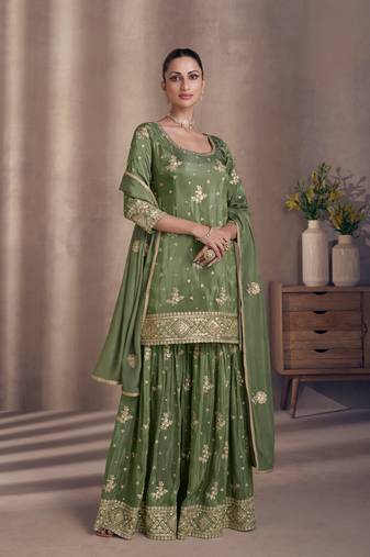 Green Embroidered Chinnon Stitched Straight Suit (Size Upto 42)