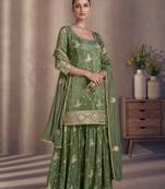 Green Embroidered Chinnon Stitched Straight Suit (Size Upto 42)