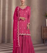 Pink Embroidered Chinnon Stitched Straight Suit Free size full stitched Up To 42" Size